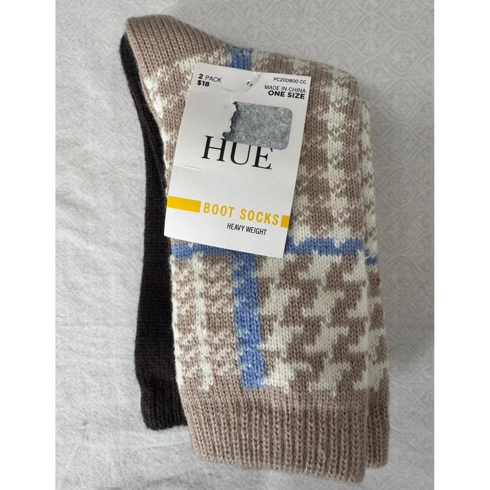 HUE‎ Womens 2 Pack Heavy Weight Boot Socks Houndstooth Taupe Brown New One Size